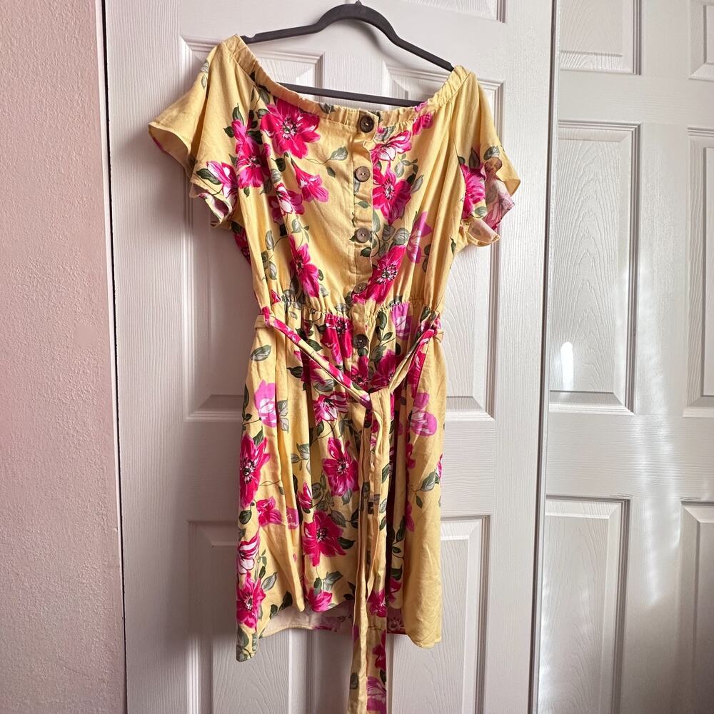 Perfectly Priscilla Yellow Tropical Floral Off Shoulder Button Up Mini Dress 2X
